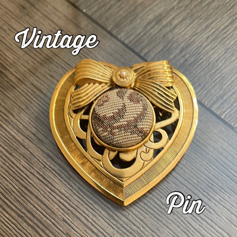 Extra Large Gold Heart Brooch with Tapestry Button Accent